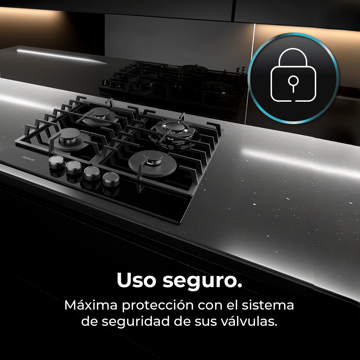 Nowoczesna czarna płyta gazowa z czterema palnikami, pokrętłami i ikoną blokady bezpieczeństwa, na ciemnym blacie.