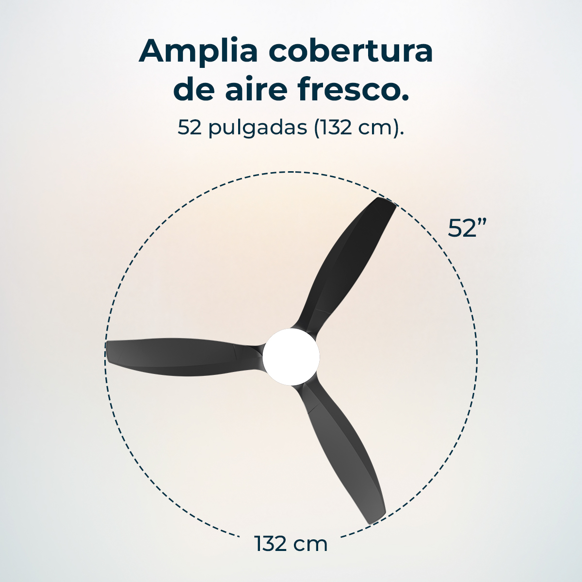 Un ventilatore a soffitto con tre pale nere. Il testo dice 'Ampia copertura di aria fresca'. Le dimensioni sono 52 pollici e 132 cm.