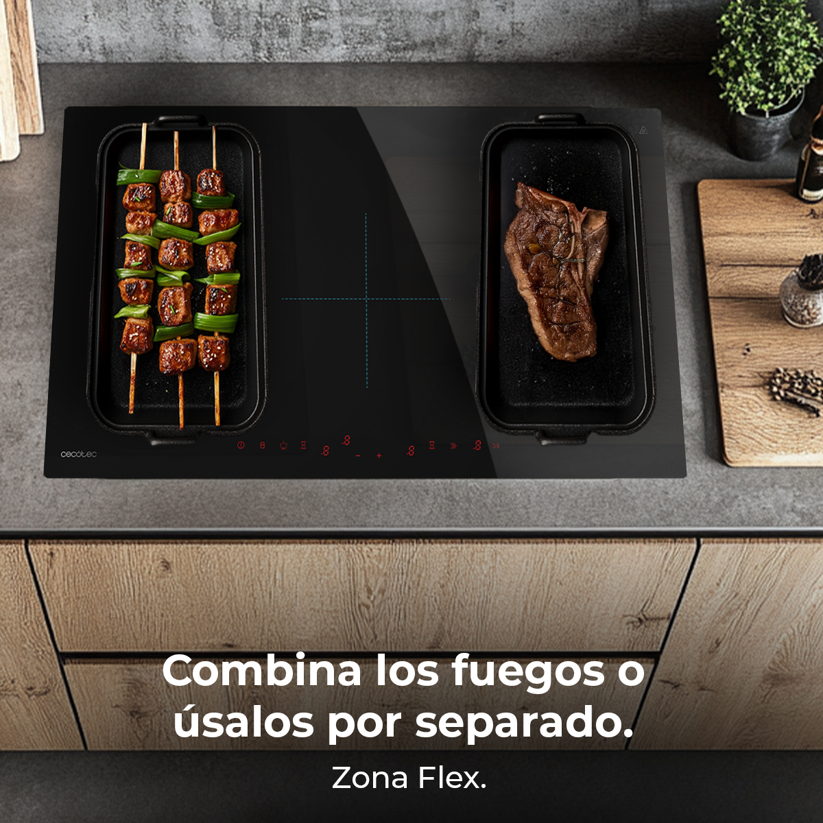 Czarna płyta kuchenna z szaszłykami i stekiem. Tekst: 'Połącz palniki lub używaj ich osobno. Zone Flex.'