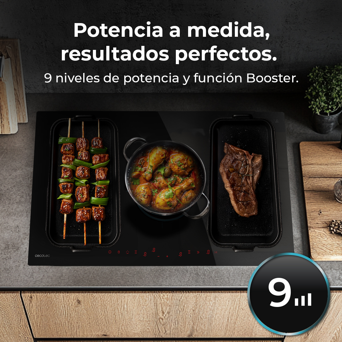 Czarna płyta indukcyjna z jedzeniem. Widoczne szaszłyki, garnek z kurczakiem i stek. Tekst głosi '9 poziomów mocy'.