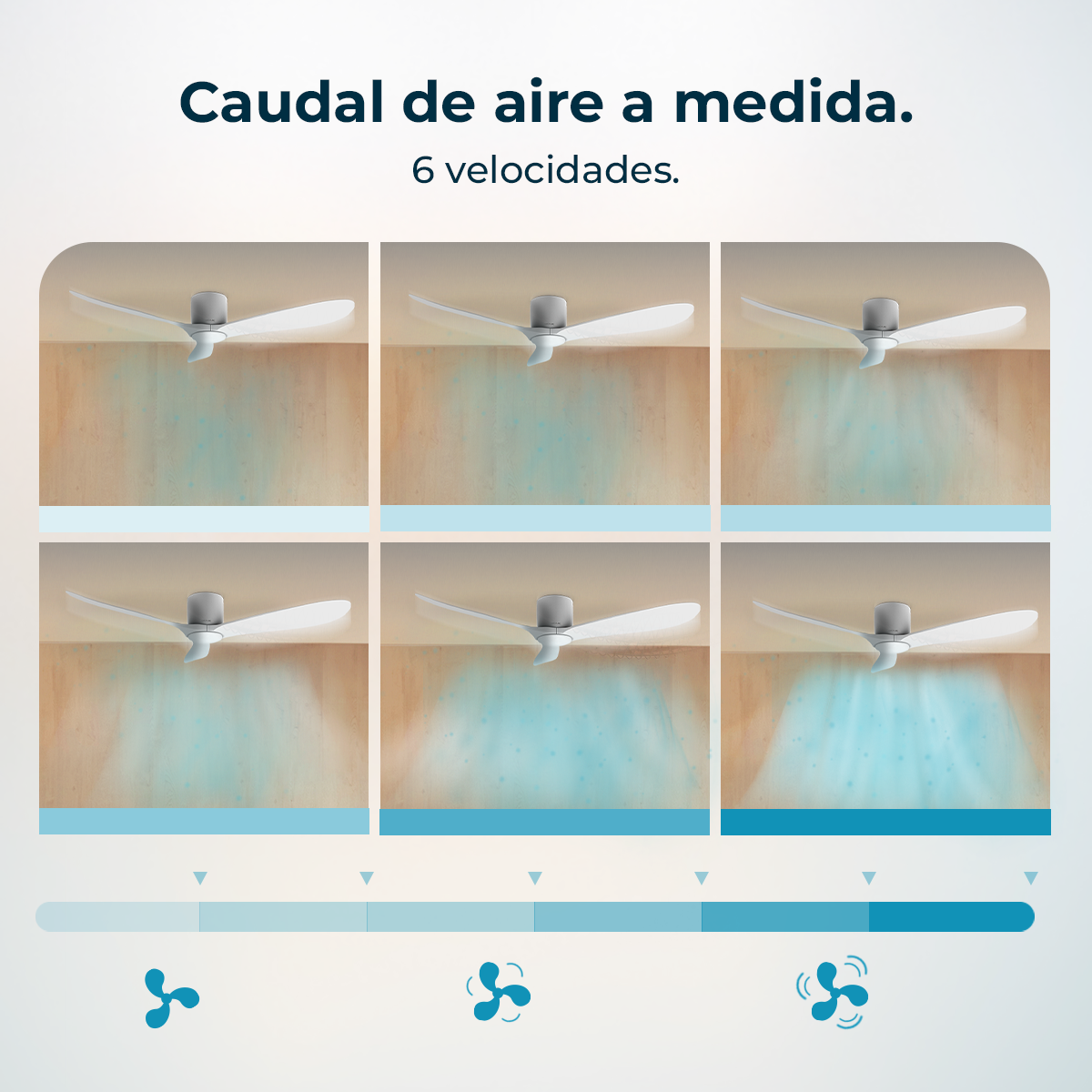 L'immagine mostra un ventilatore a soffitto con sei impostazioni di velocità. La velocità aumenta con l'intensità del flusso d'aria blu.