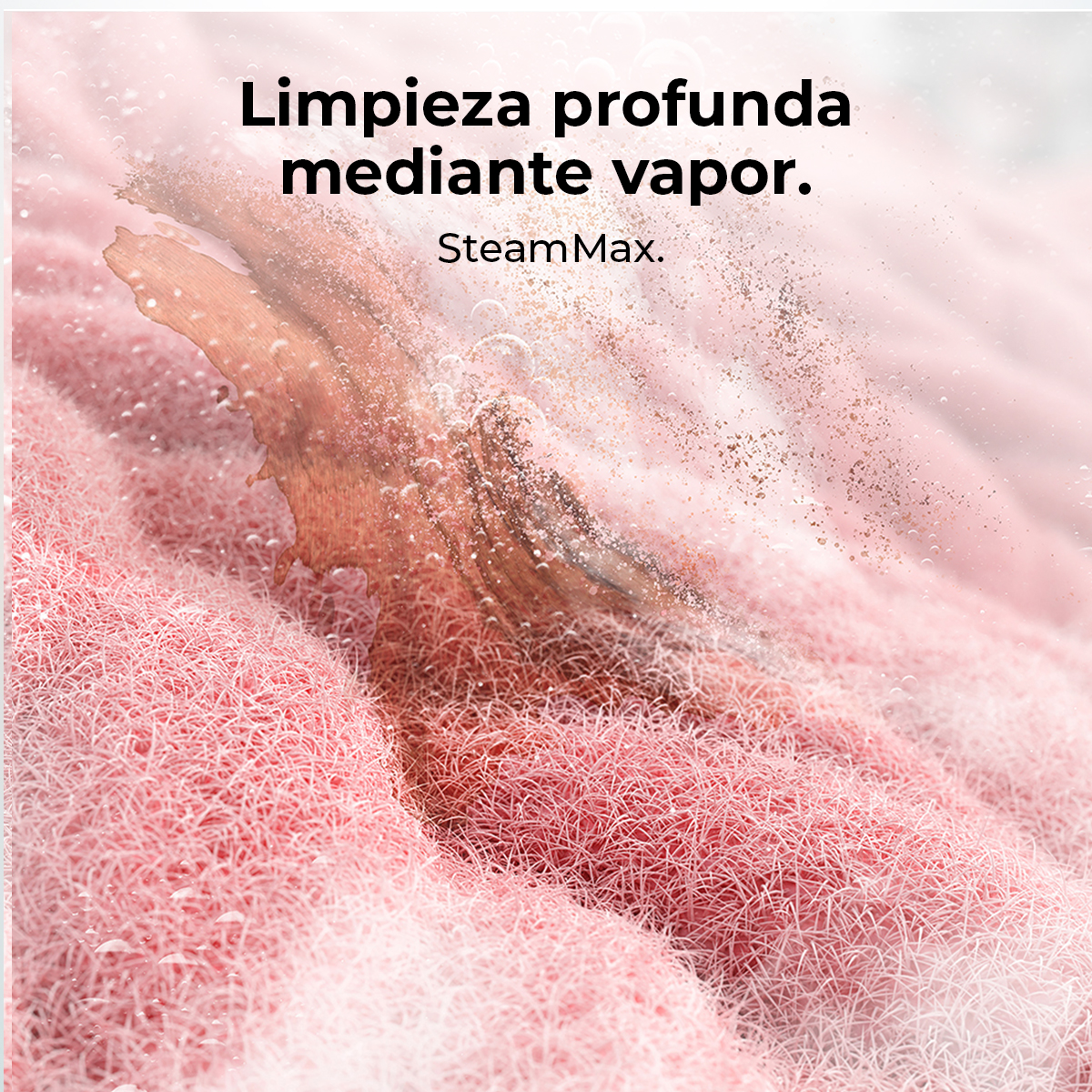 Primo piano di tessuto rosa con elemento marrone strutturato. Vapore e piccole particelle fluttuano. Il testo dice 'Limpieza profunda mediante vapor'.