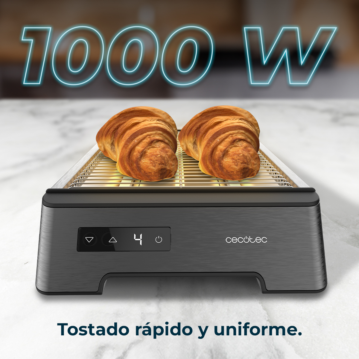 Un tostapane con due croissant sopra. Ha un display digitale e il testo recita 'Tostado rápido y uniforme'.