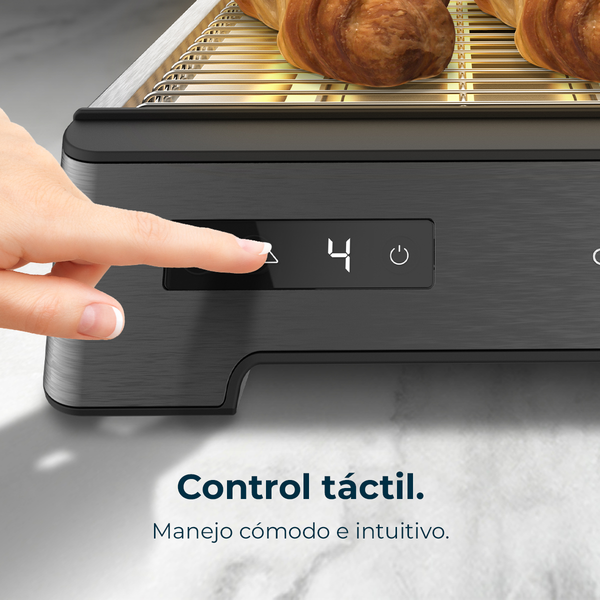 Una mano tocca un pannello di controllo con il numero 4. Croissant su una griglia. Sotto: 'Control táctil'.
