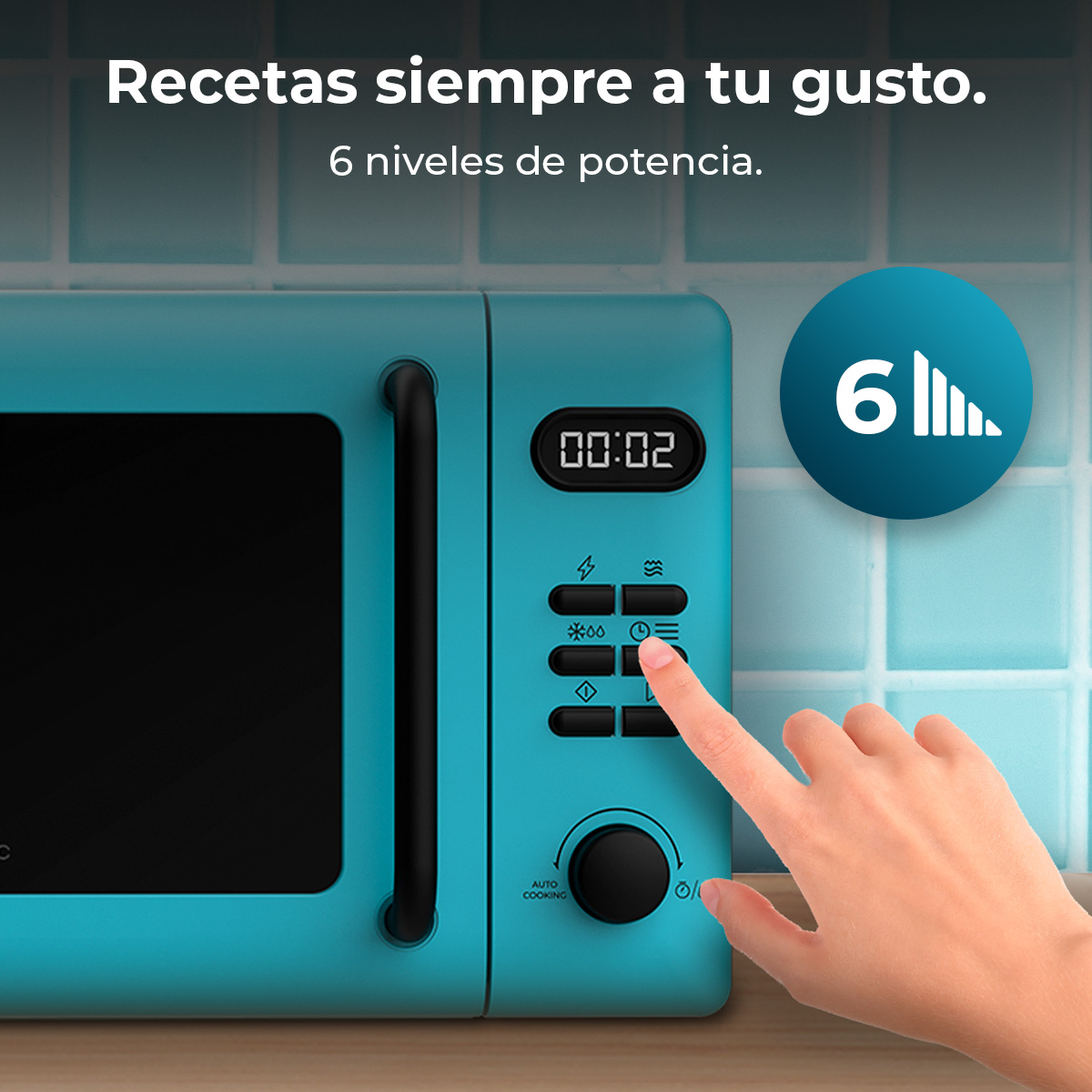 Un microondas turquesa muestra 00:02. Una mano presiona un botón. El texto indica 6 niveles de potencia y cocción automática.