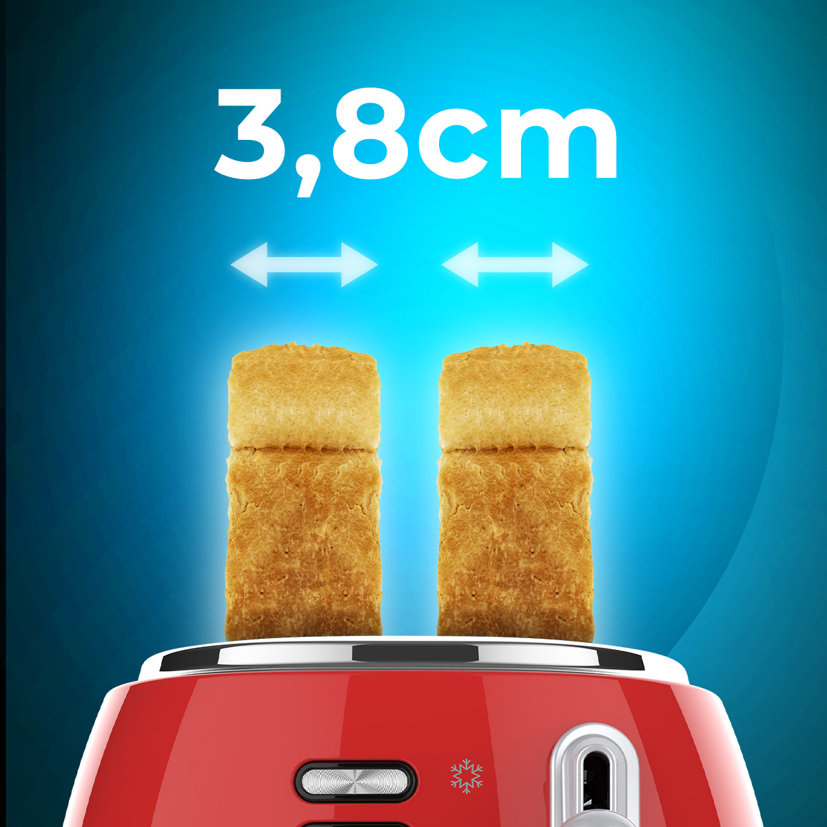 Una tostadora roja con dos tostadas doradas. Encima, el texto '3,8cm' con flechas que indican el ancho. Fondo degradado azul.