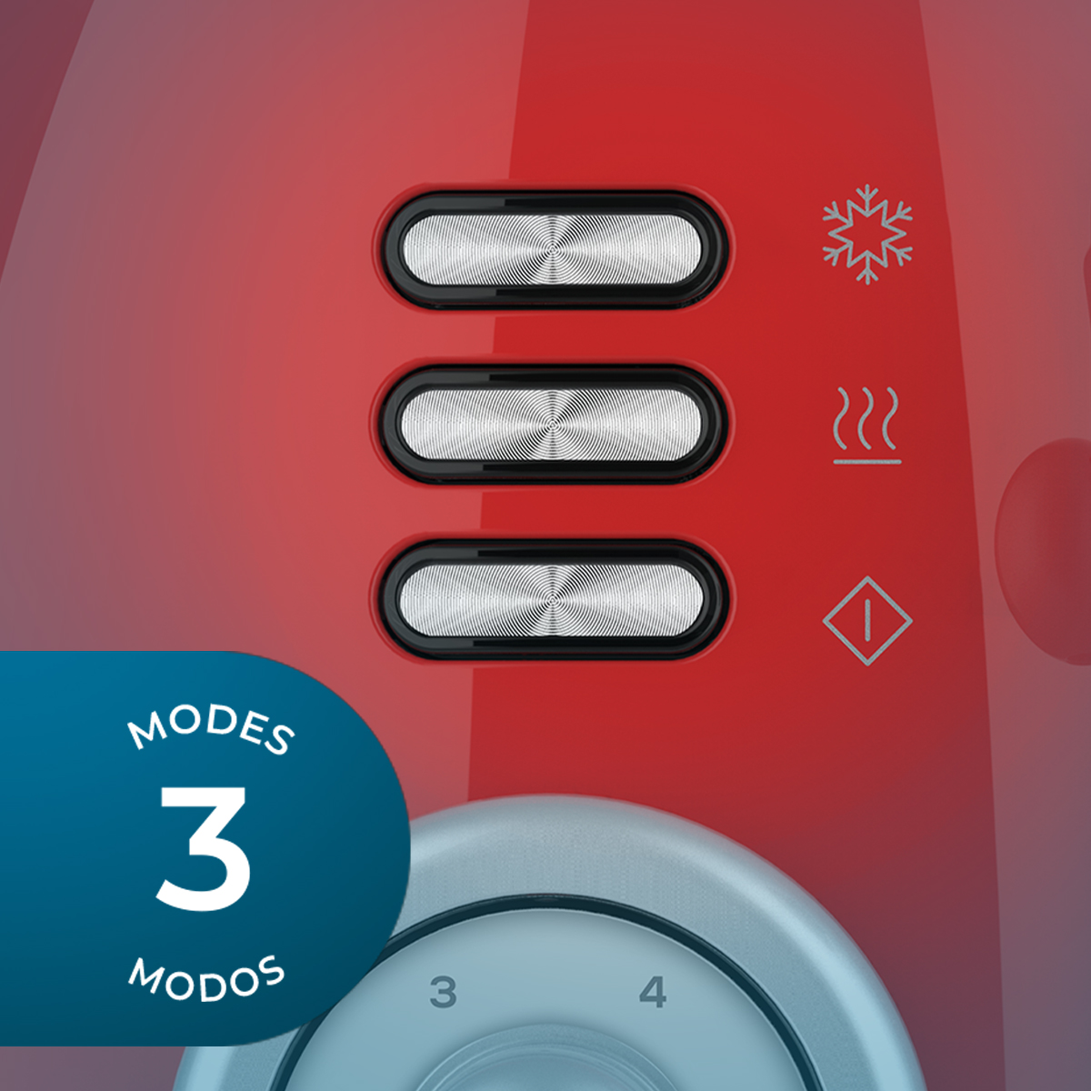Electrodoméstico rojo con tres botones, símbolos de copo de nieve, calor y energía. Un dial muestra los números 3 y 4. Texto: 'Modos 3 Modos'.