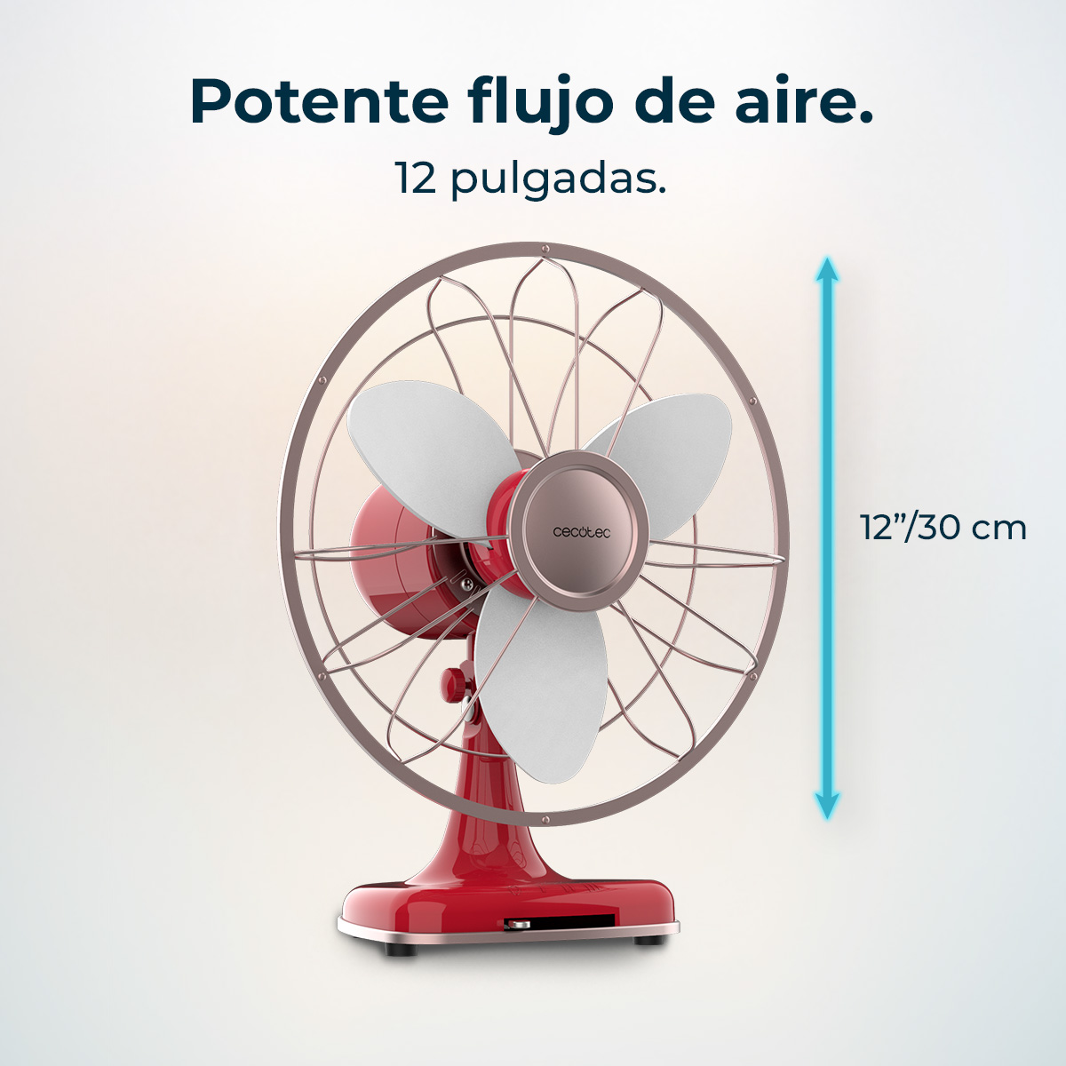 Un ventilador eléctrico rojo y plateado. El ventilador tiene tres aspas blancas y una jaula protectora. Mide 12 pulgadas/30 cm de alto.