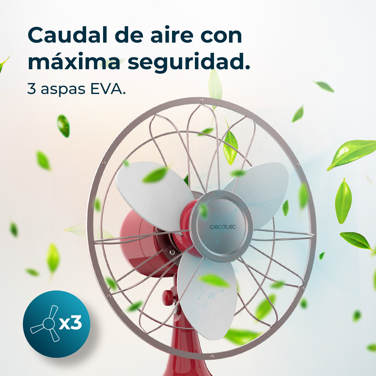 Un ventilador rojo y plateado con tres aspas blancas, protegido por una jaula de alambre. Hojas verdes flotan. Texto dice 'Flujo de aire máximo'.