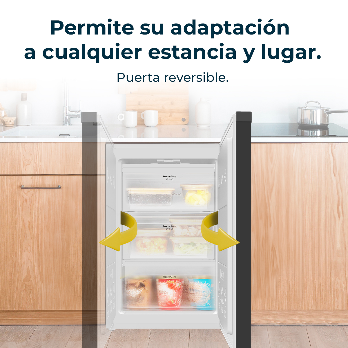 Una porta del frigorifero è aperta, con tre scomparti congelatore visibili. Frecce gialle mostrano la reversibilità. Testo in spagnolo in alto.