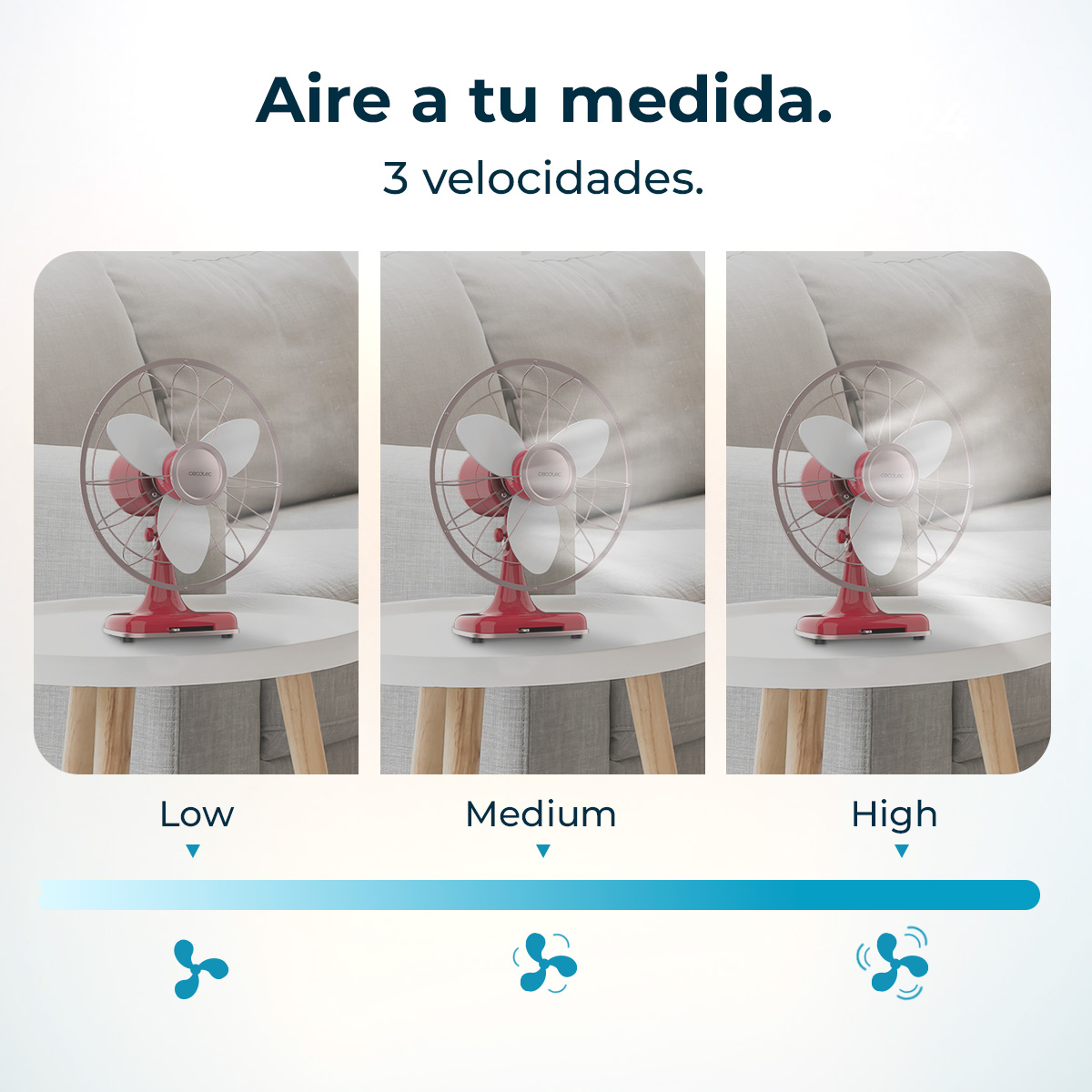 Tres ventiladores en mesas blancas, etiquetados como Bajo, Medio, Alto. Cada ventilador tiene base roja, aspas blancas y jaula metálica. Fondo sofá gris.