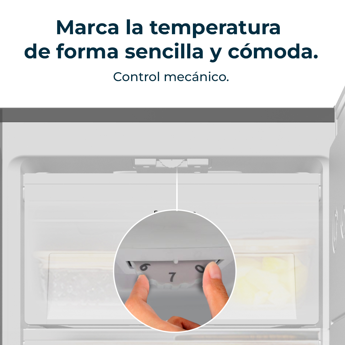Mani che regolano il quadrante della temperatura all'interno di un frigorifero. Il quadrante mostra i numeri 6, 7 e 8.