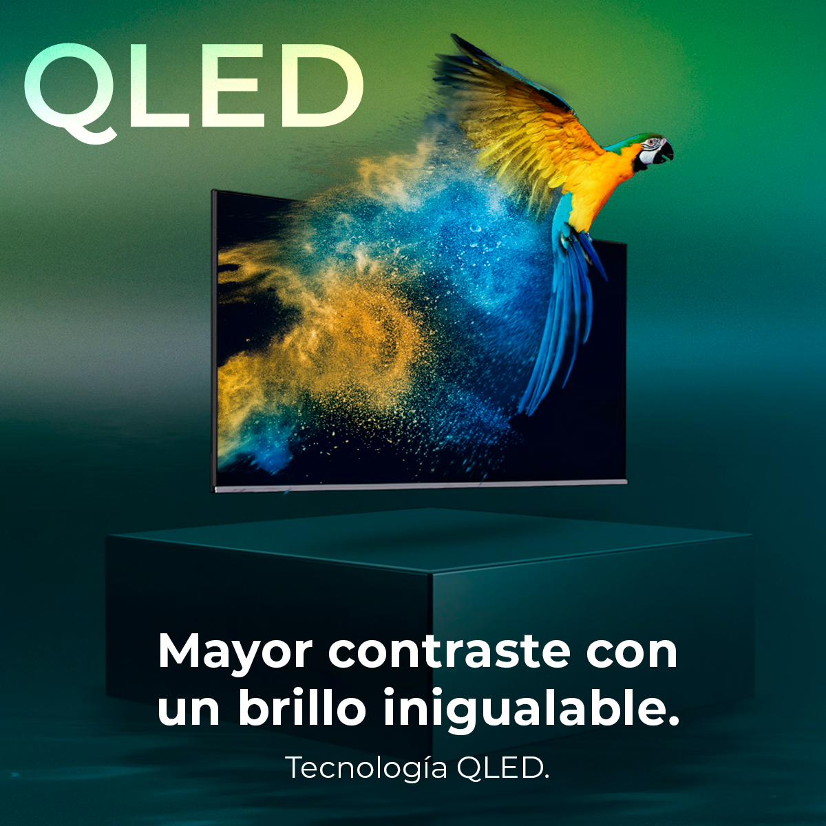 Telewizor QLED z arą wychodzącą z niego, z tekstem 'Mayor contraste con un brillo inigualable' i 'Tecnología QLED'.