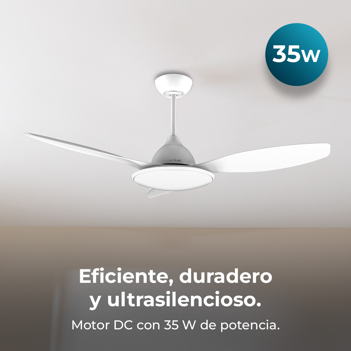 Un ventilatore da soffitto bianco con tre pale e una luce. Un cerchio blu con 35w. Testo: 'Efficiente, durevole e silenzioso'.