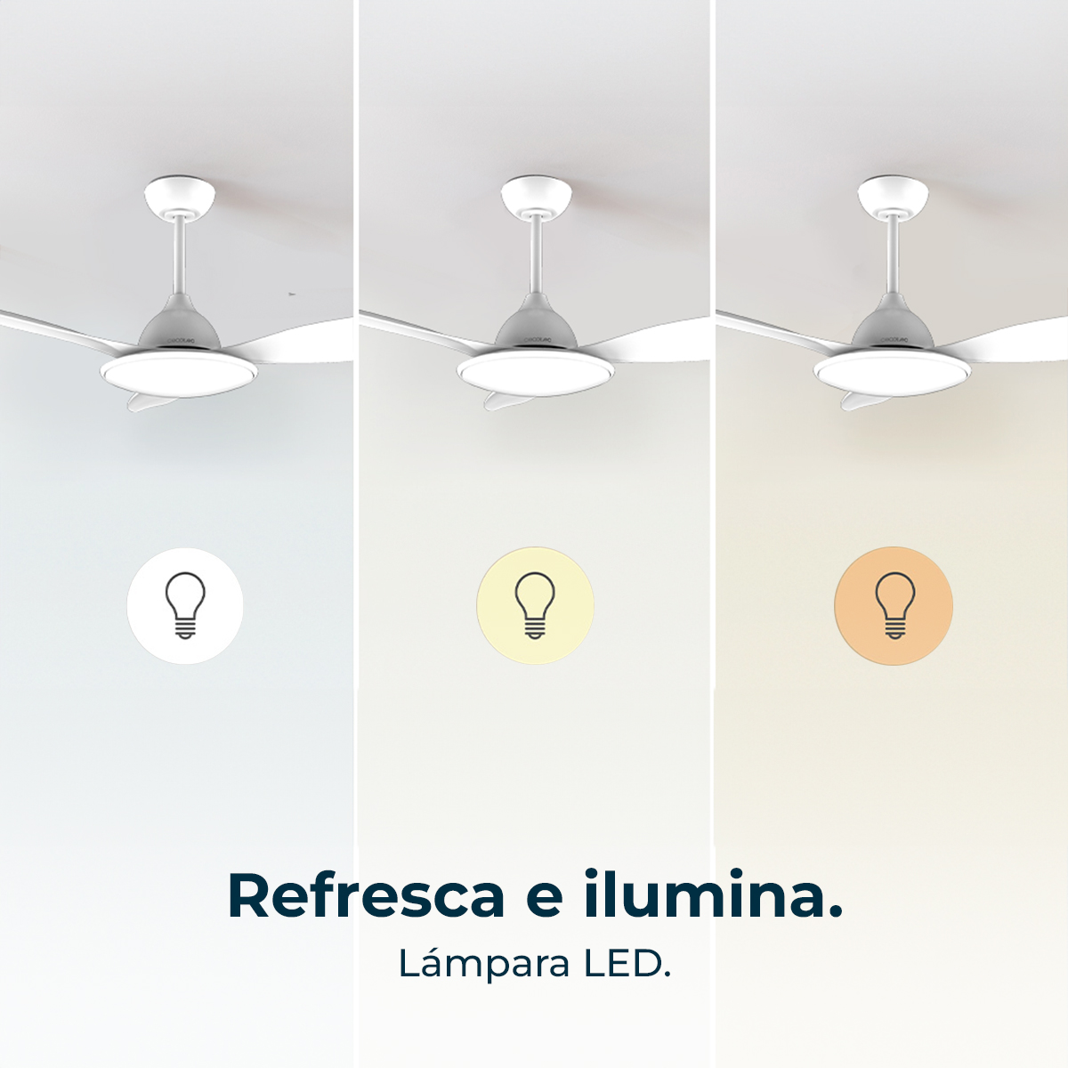 Tre pannelli mostrano un ventilatore a soffitto con diverse impostazioni di luce. Il testo recita: Rinfresca e illumina. Lampada LED.