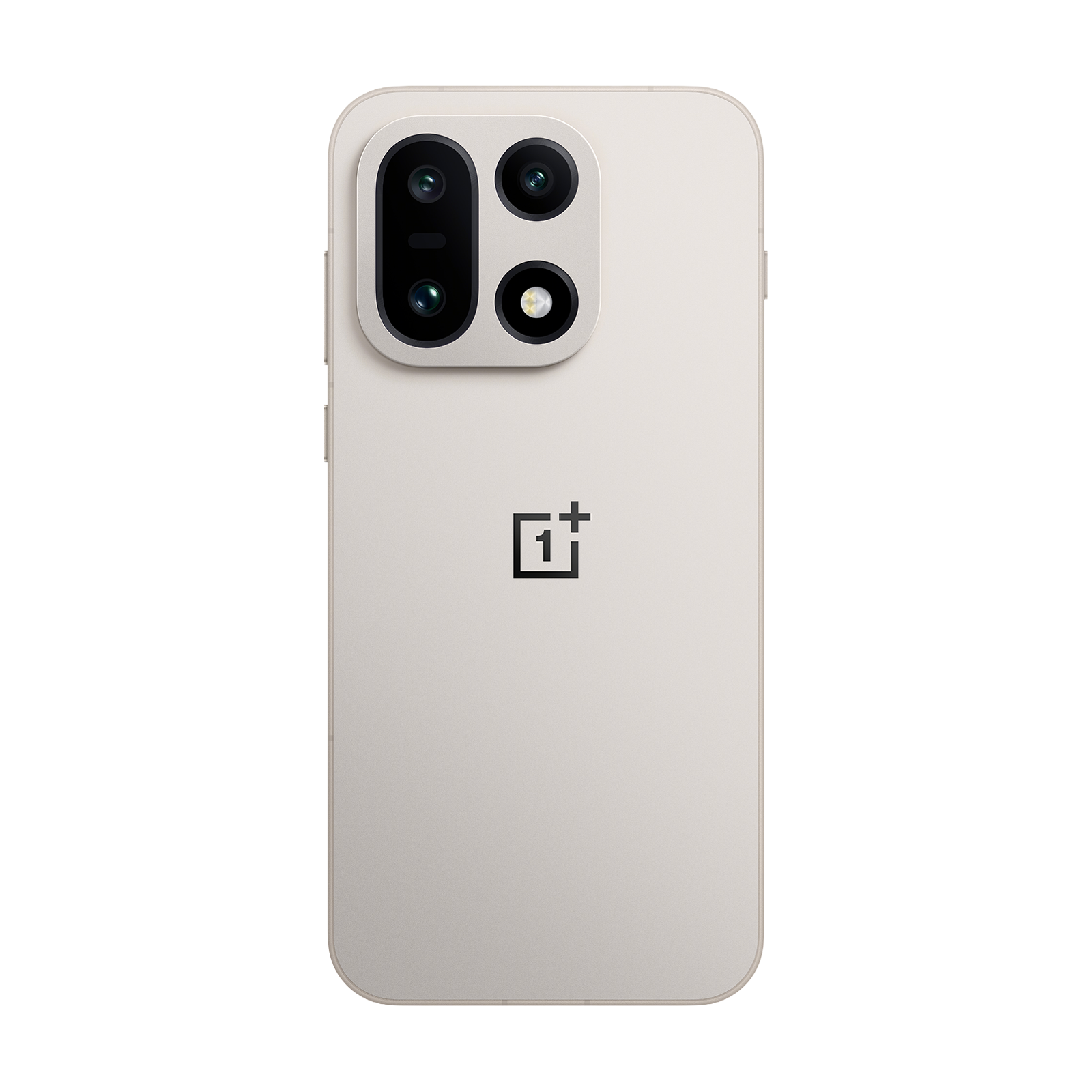 Beige smartphone achterkant. Vier camera's bovenaan, OnePlus logo onderaan.