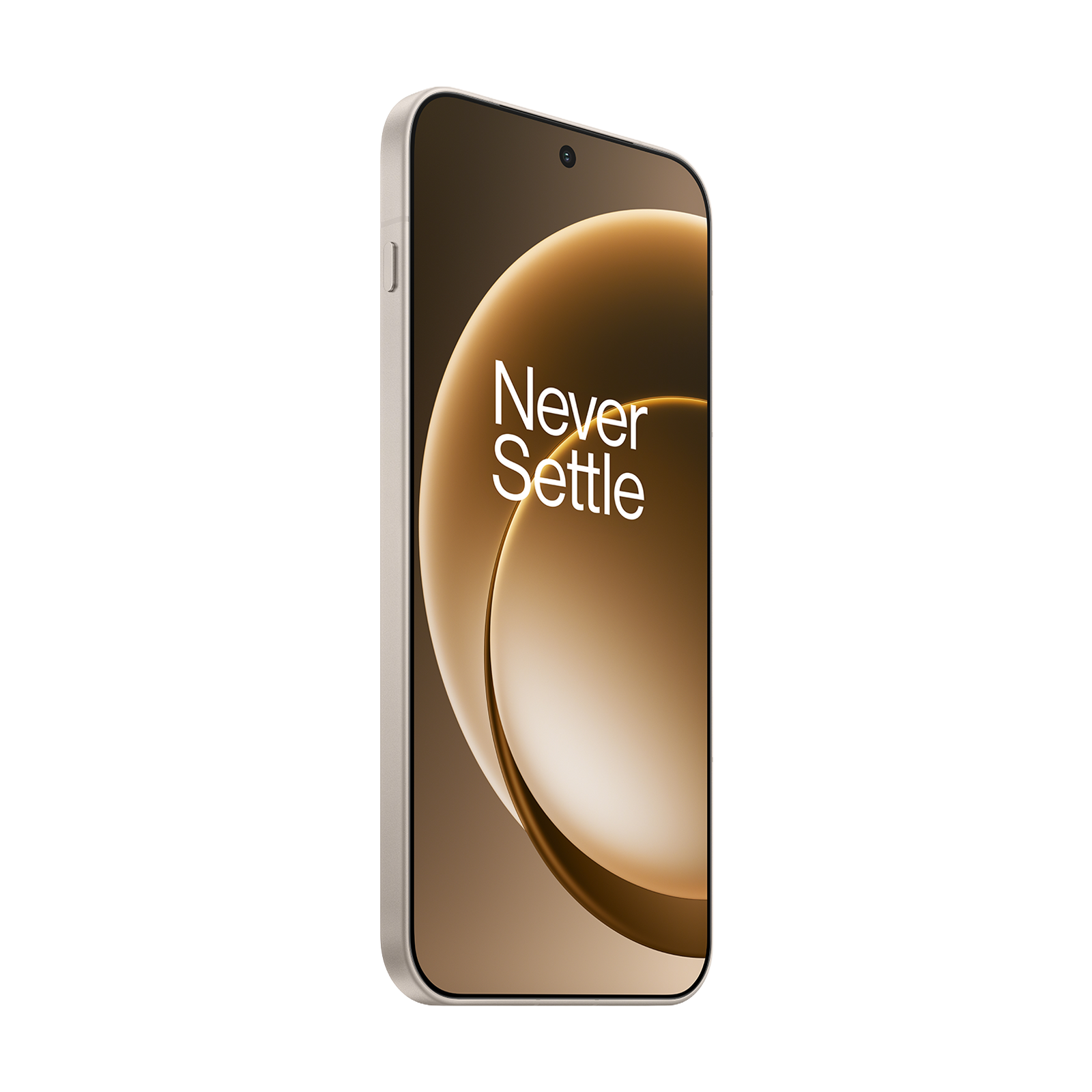 Een smartphone met een goudkleurig scherm toont de woorden "Never Settle". De telefoon staat op een witte achtergrond.
