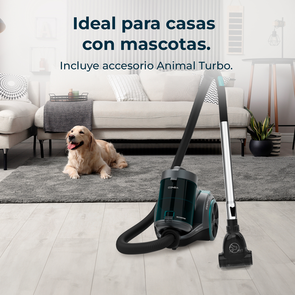 Golden retriever leży na dywanie obok odkurzacza. Tekst mówi, że jest idealny dla właścicieli zwierząt, z akcesorium Turbo.
