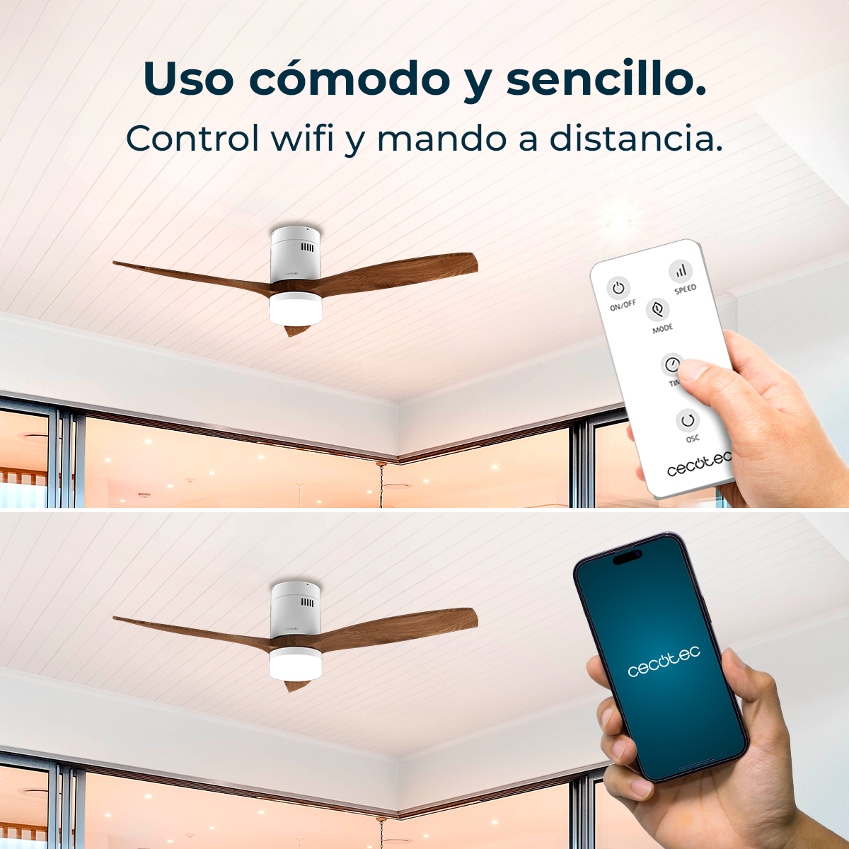 Un ventilador de techo con aspas de madera. Una mano sostiene un mando a distancia. Abajo, una mano sostiene un smartphone con el logo de Cecotec.