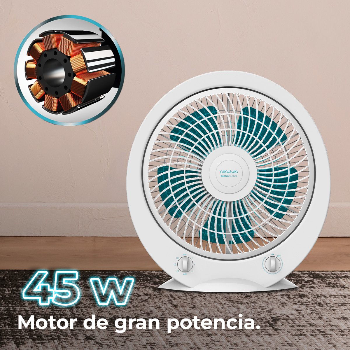 Witte ventilator met blauwgroene bladen en een gedetailleerd motordiagram. Tekst geeft 45W en 'Motor de gran potencia' aan.