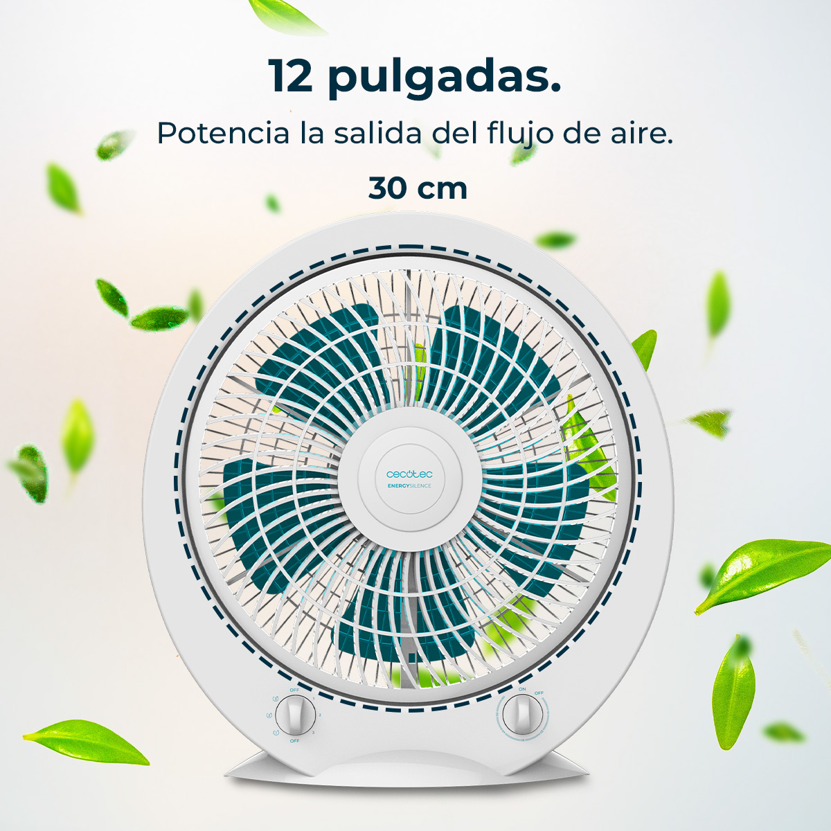 Een witte ventilator met teal bladen. Groene bladeren zweven eromheen. Tekst geeft 12 inch en 30 cm aan.