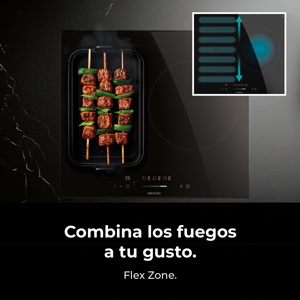 Czarna płyta indukcyjna z szaszłykami z jedzeniem. Tekst: 