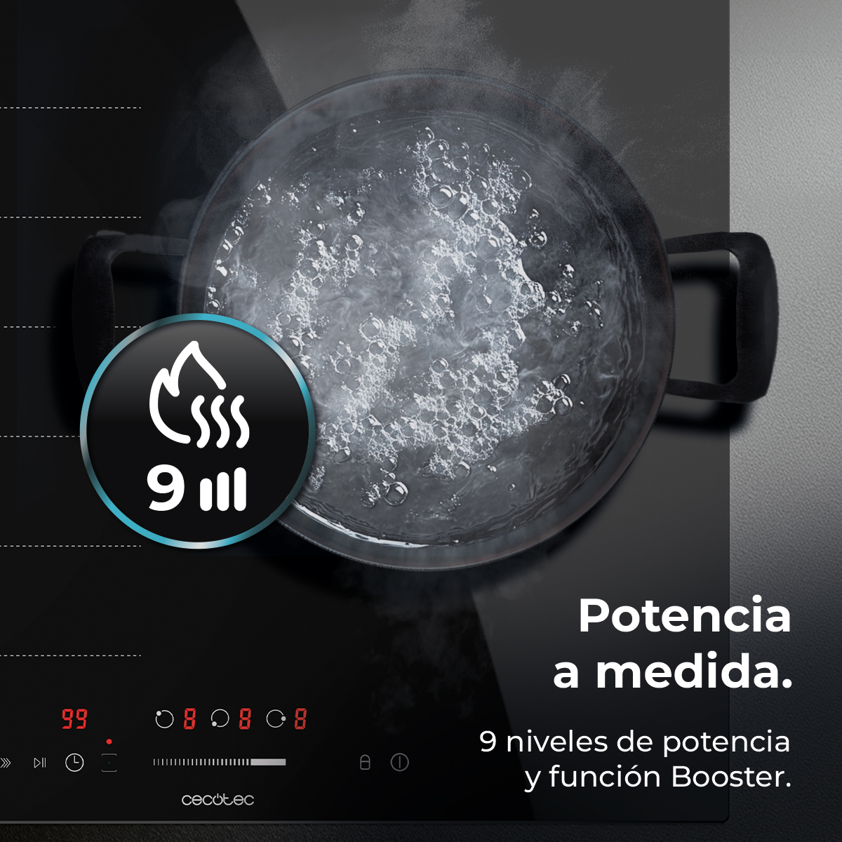 Garnek wrzącej wody na czarnej płycie kuchennej. Widoczny panel sterowania z cyframi i symbolami. Tekst: 'Potencia a medida'.