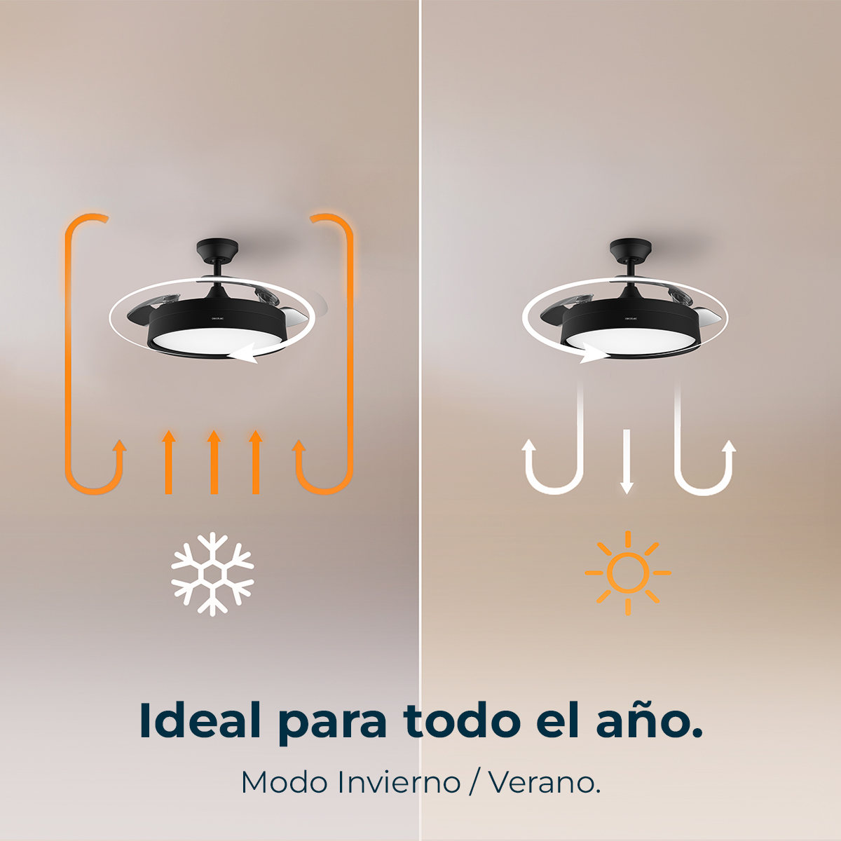 Image shows a ceiling fan with two modes: winter (cold air up) and summer (cool air down). Text: Ideal for all year. Winter/Summer mode.