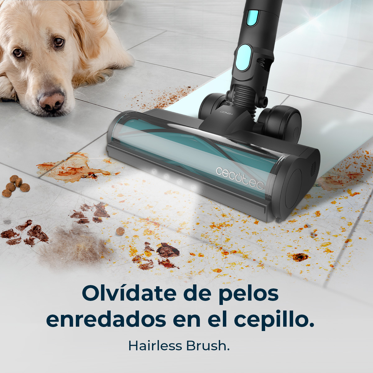 Un golden retriever y una aspiradora limpian un suelo sucio con comida y pelo. Texto: Hairless Brush.