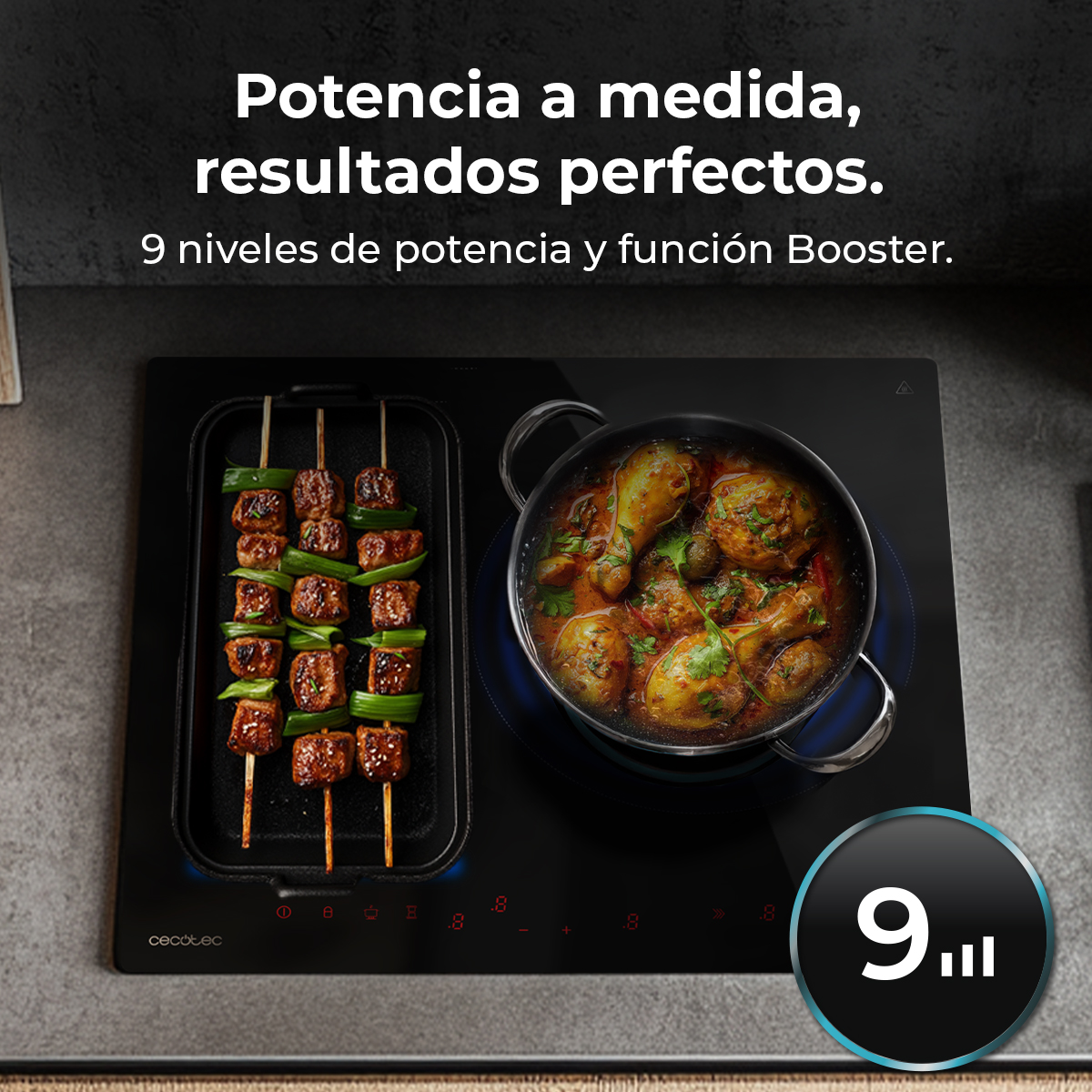 Czarna płyta grzewcza z gotującym się jedzeniem. Szaszłyki po lewej i garnek z jedzeniem po prawej. Dziewięć poziomów mocy.