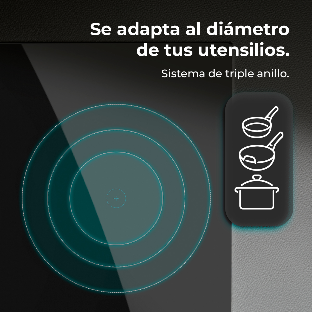 Ciemna płyta kuchenna z trzema okręgami współśrodkowymi i grafiką naczyń kuchennych. Tekst brzmi: „Dostosowuje się do średnicy Twoich naczyń”.
