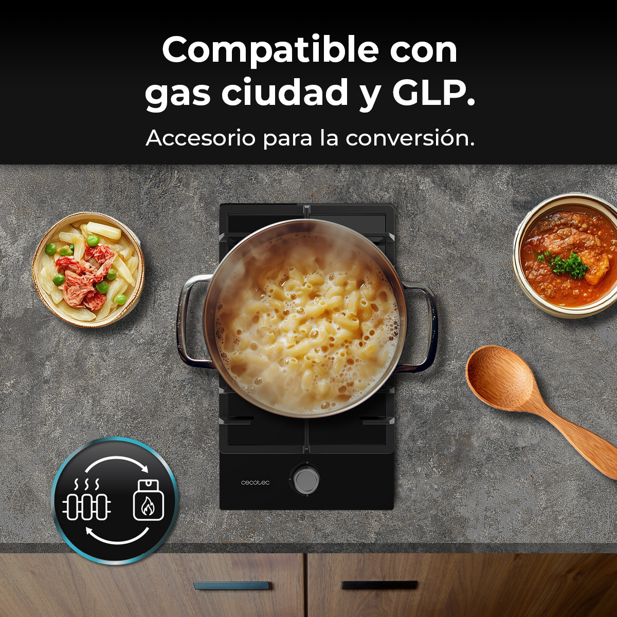 Płyta kuchenna z garnkiem makaronu, dwiema miskami jedzenia i drewnianą łyżką. Tekst u góry: kompatybilność z gazem.
