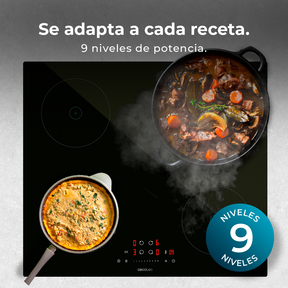 Una placa de cocina negra con comida cocinándose. Un estofado en una olla y una quiche en una sartén. Se indican nueve niveles de potencia.