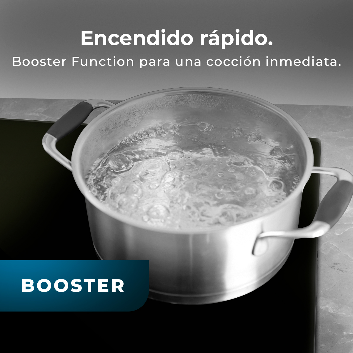 Una olla de agua hirviendo en una estufa negra. La palabra BOOSTER está en la esquina inferior izquierda. El texto superior dice 'Booster Function'.