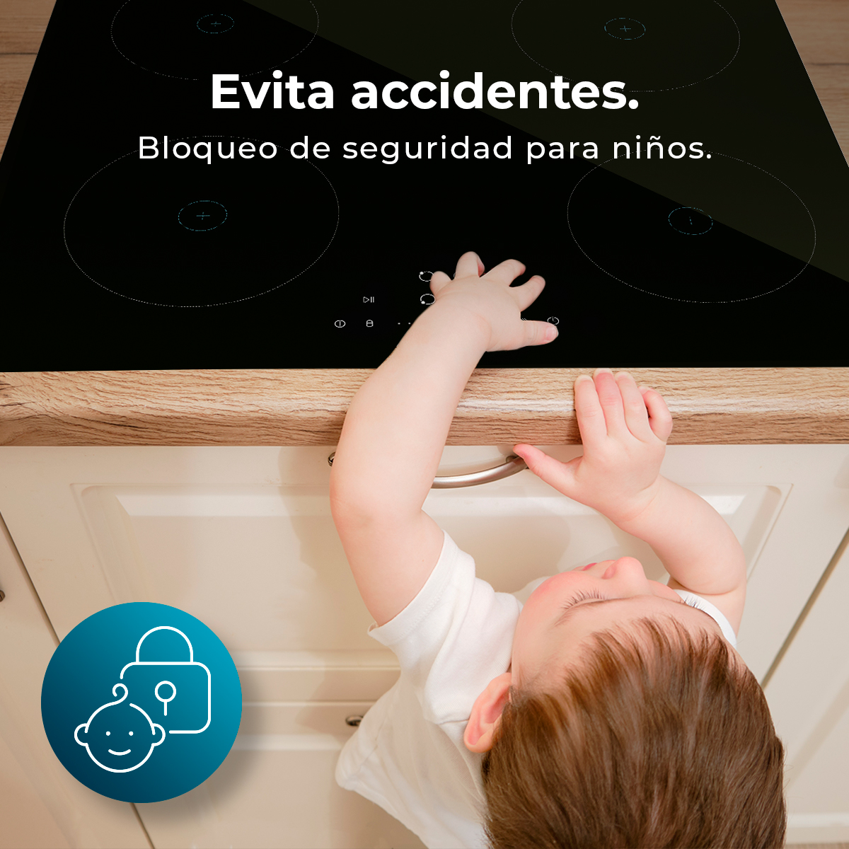 Manos de un niño alcanzan una encimera negra. Texto: 'Evita accidentes. Bloqueo de seguridad para niños.' Un icono de seguridad es visible.
