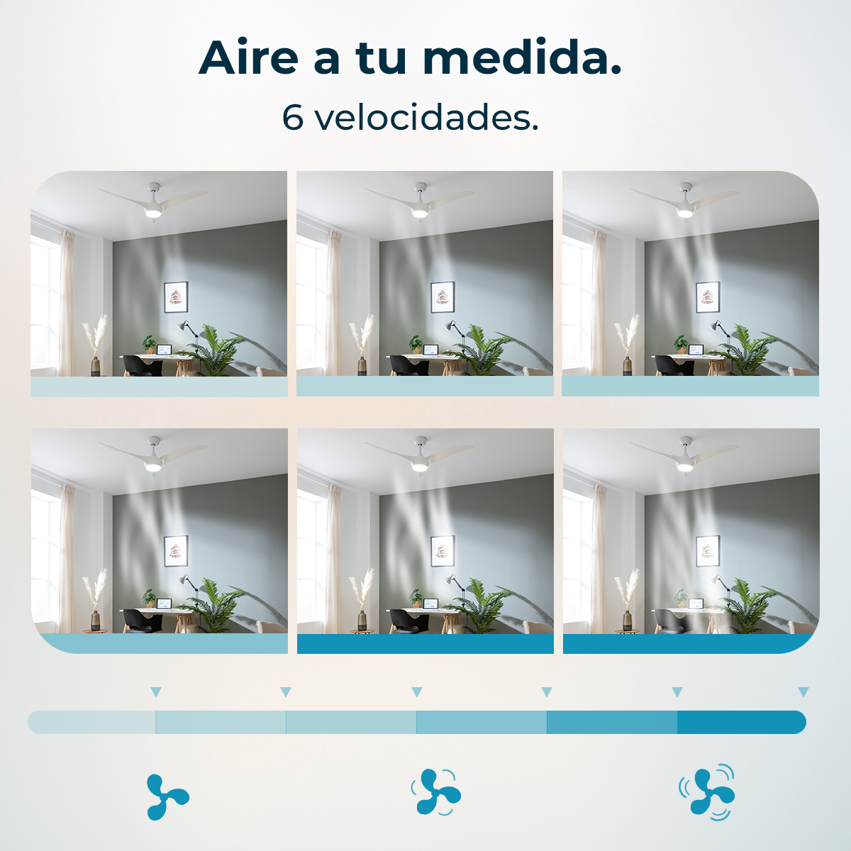 L'immagine mostra un ventilatore a soffitto a sei velocità diverse. Ogni scena ha una scrivania, piante e una finestra.