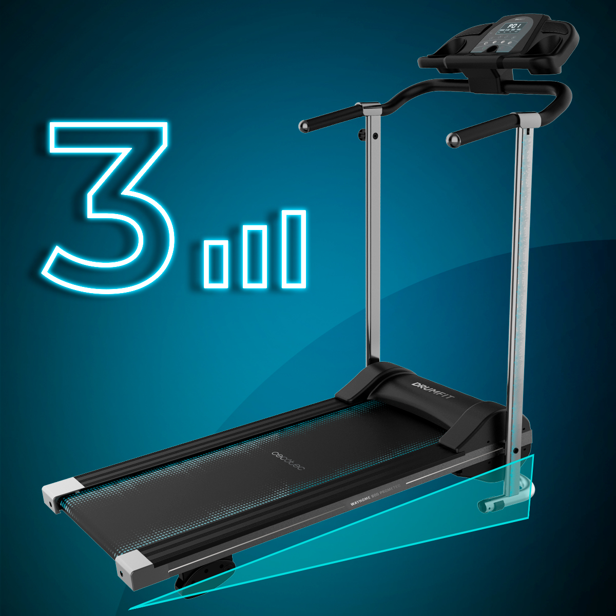 Bieżnia na niebieskim tle z gradientem. Ma cyfrowy wyświetlacz i uchwyty. Podświetlony tekst "3 paski" powyżej.