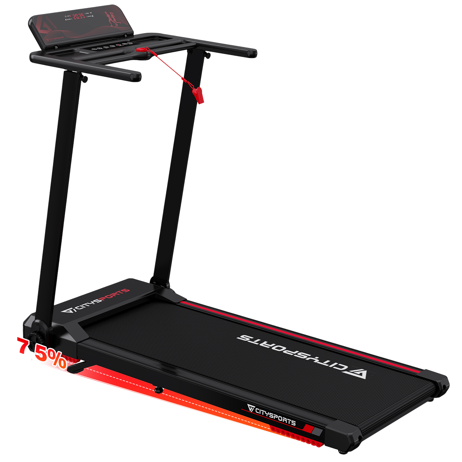 Ein Laufband mit schwarzem Rahmen und roten Akzenten. Das Display zeigt Zeit und Geschwindigkeit. Der Markenname ist sichtbar.