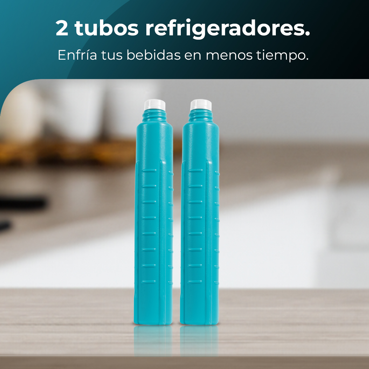 Dos tubos refrigeradores azules con tapas blancas sobre una mesa de madera. Texto: '2 tubos refrigeradores. Enfría tus bebidas más rápido.'