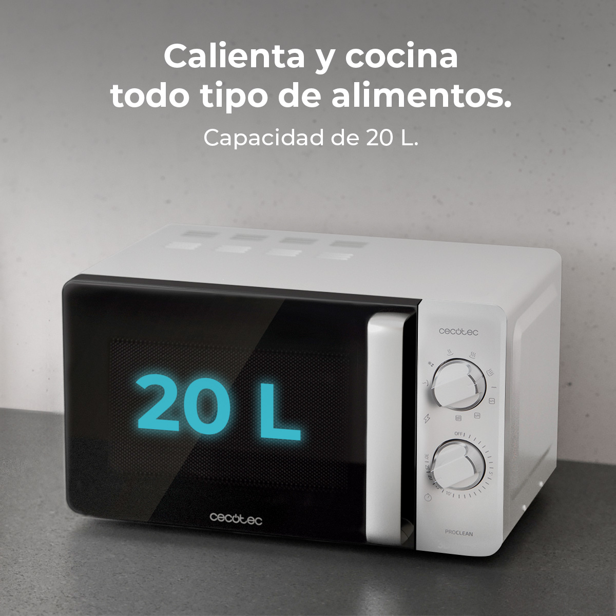 Un microondas blanco con puerta negra muestra '20 L'. El texto superior dice 'Calienta y cocina todo tipo de alimentos'.