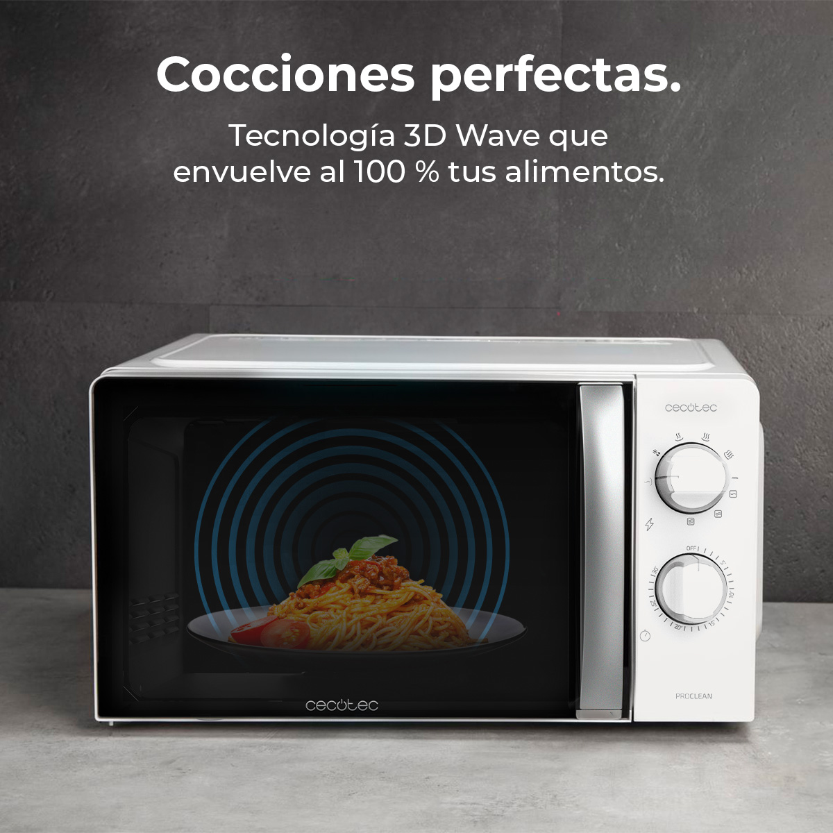 Un microondas blanco con un plato de espaguetis dentro. Texto en español dice 'Cocción perfecta' y 'Tecnología de onda 3D'.