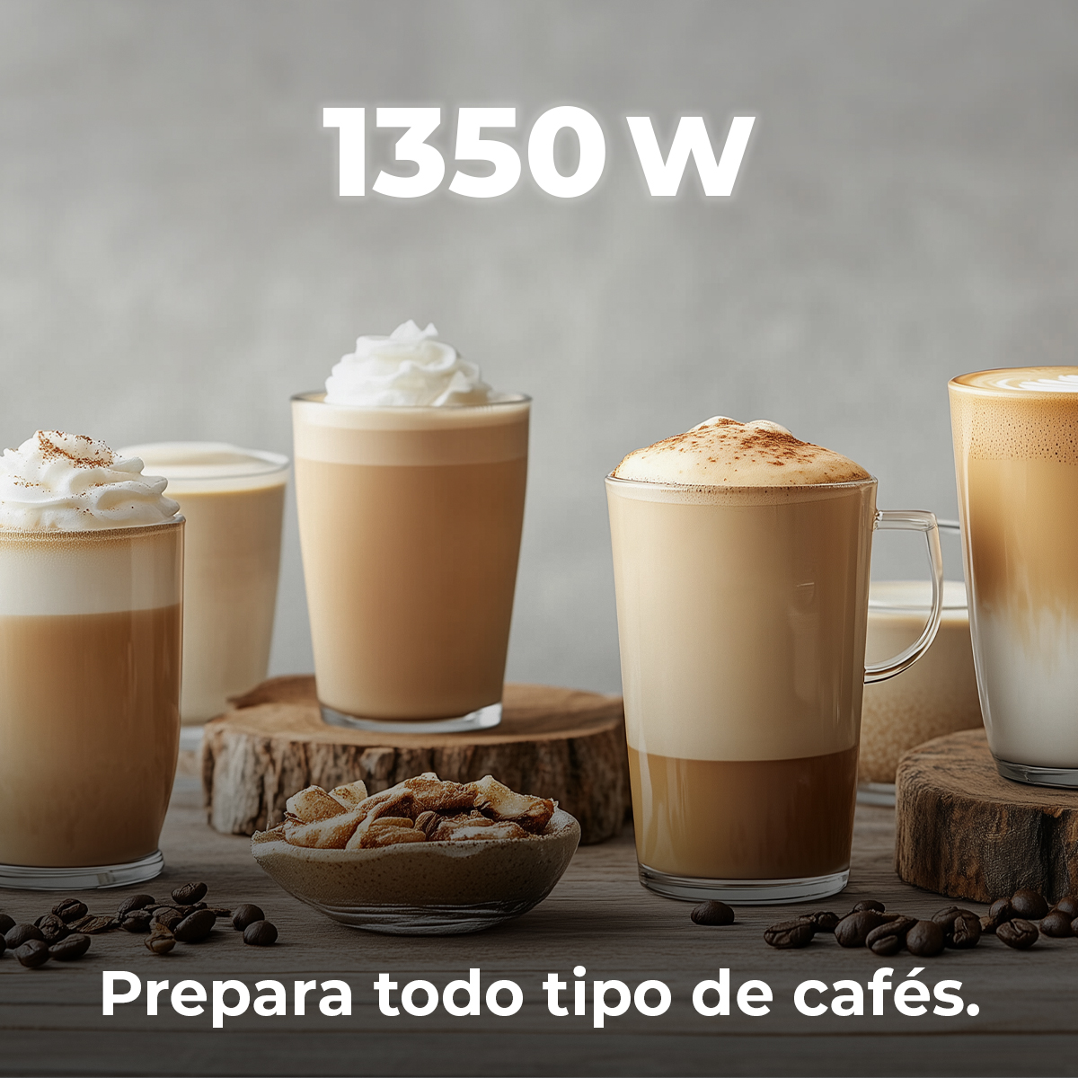 Obraz przedstawia różne napoje kawowe z bitą śmietaną. Ziarna kawy i miska orzechów na pierwszym planie. Tekst: Przygotuj wszystkie rodzaje kaw.