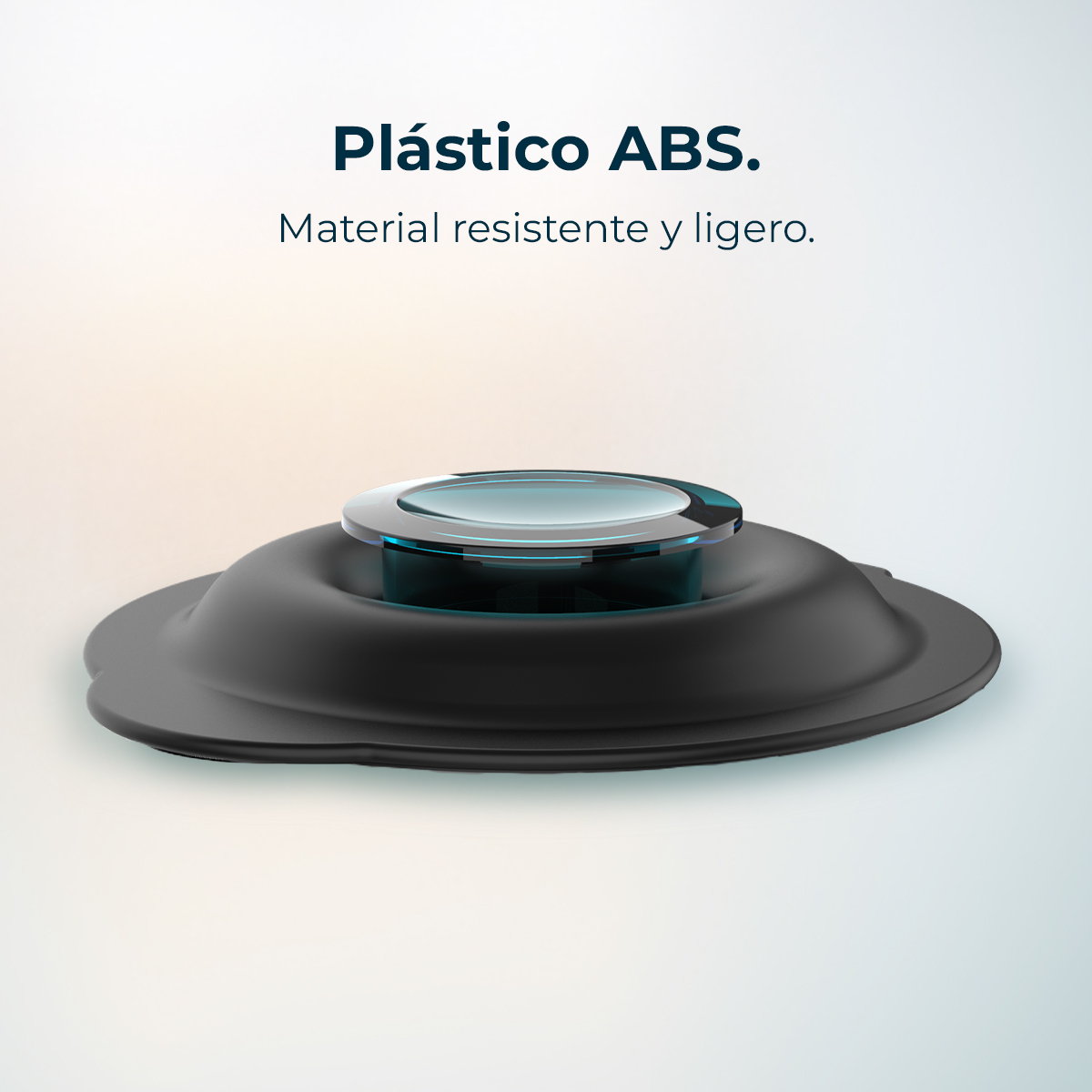 Un oggetto nero a forma di disco con una parte superiore circolare trasparente. Il testo sopra recita 'Plastica ABS. Materiale resistente e leggero'.