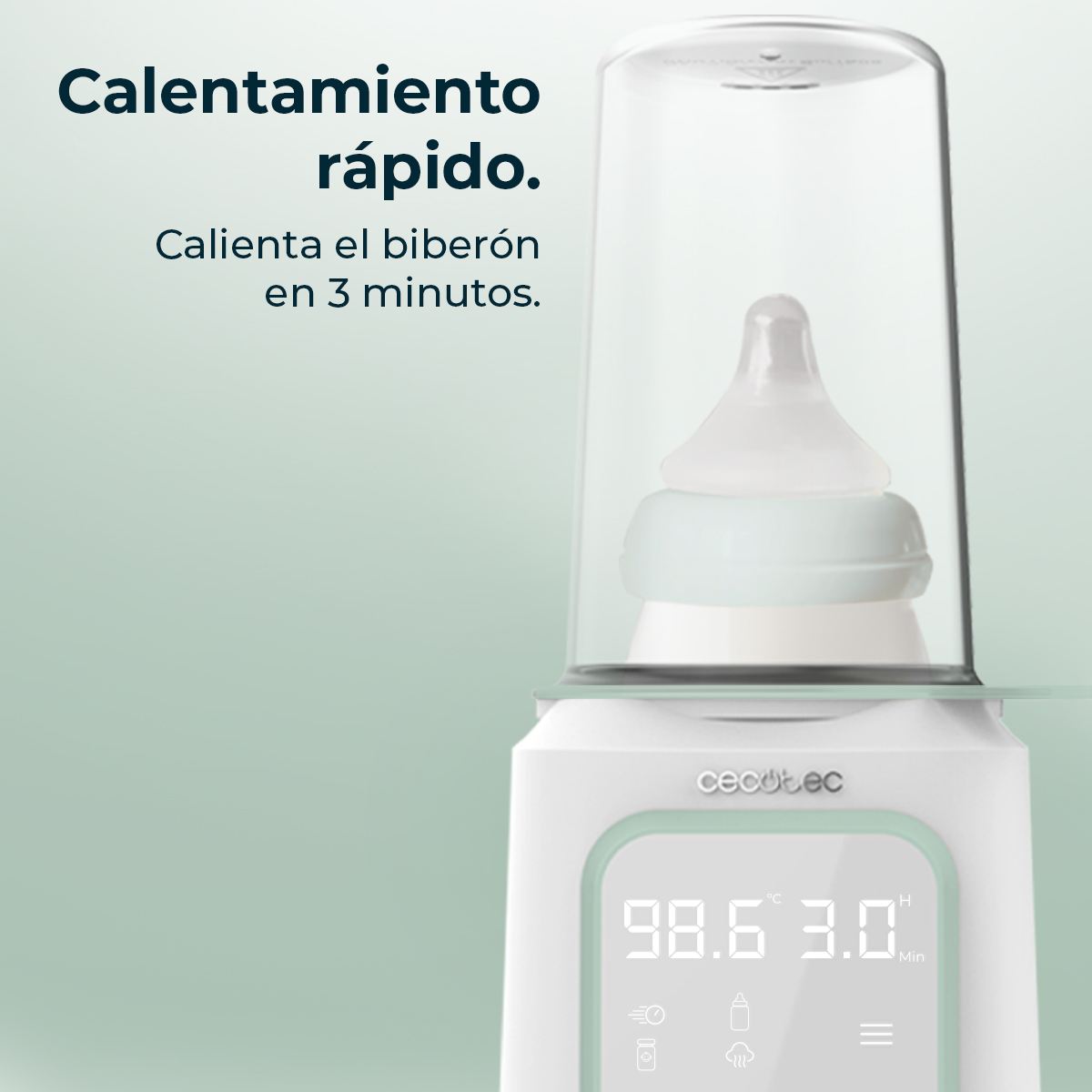 Ein weißer Babyflaschenwärmer mit einer Flasche. Das Display zeigt Temperatur und Zeit an. Text: 'Schnelles Aufheizen, erwärmt Flasche in 3 Minuten'.