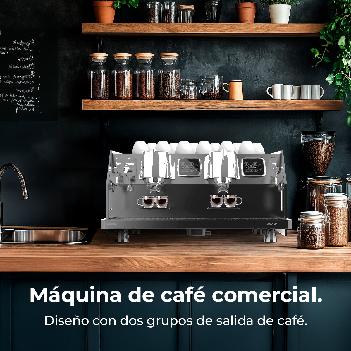 Una máquina de café comercial con dos grupos de salida de café. Tazas encima. Frascos de granos de café y tazas en estantes.