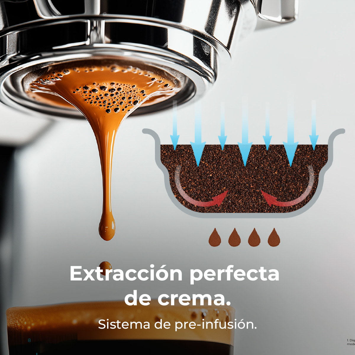 Proceso de extracción de café. Máquina de espresso con café goteando, ilustración del proceso y texto en español.