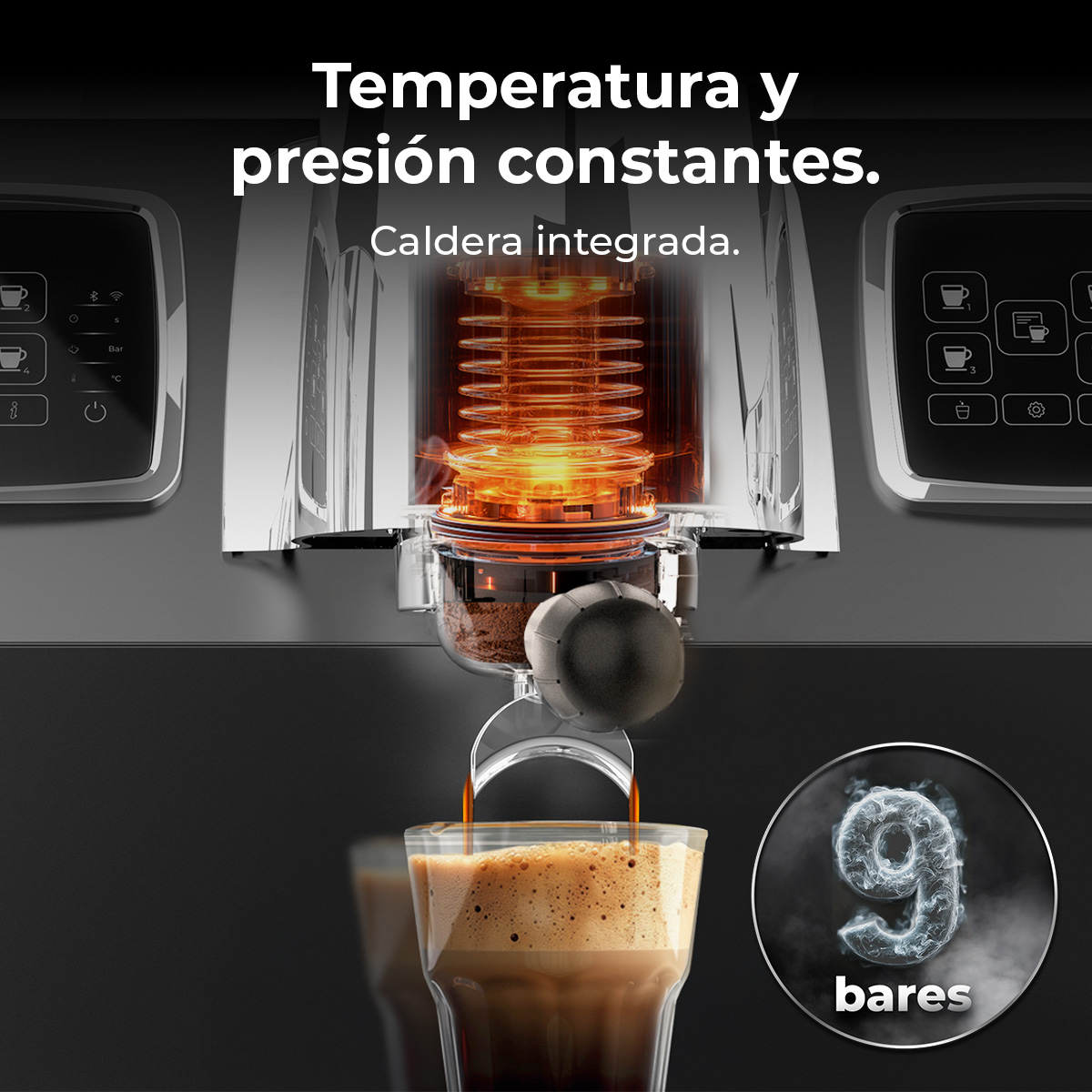 Máquina de café con texto: temperatura y presión constantes, caldera integrada. Un vaso se llena de café, 9 bares.
