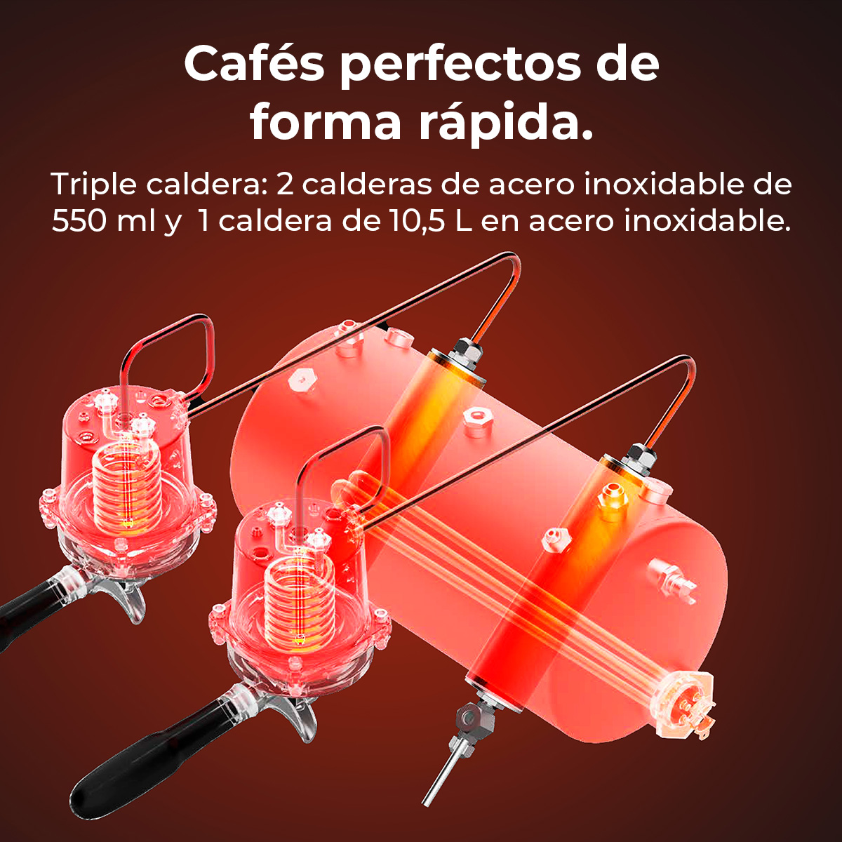 La imagen muestra componentes de una máquina de café, incluyendo tres tanques rojos y texto que dice "Cafés perfectos de forma rápida".