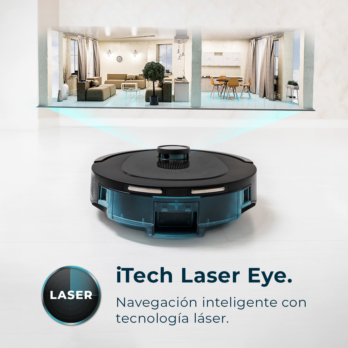 Pokazany jest czarny i niebieski robot odkurzający z laserowym okiem. W tle znajduje się układ domu.