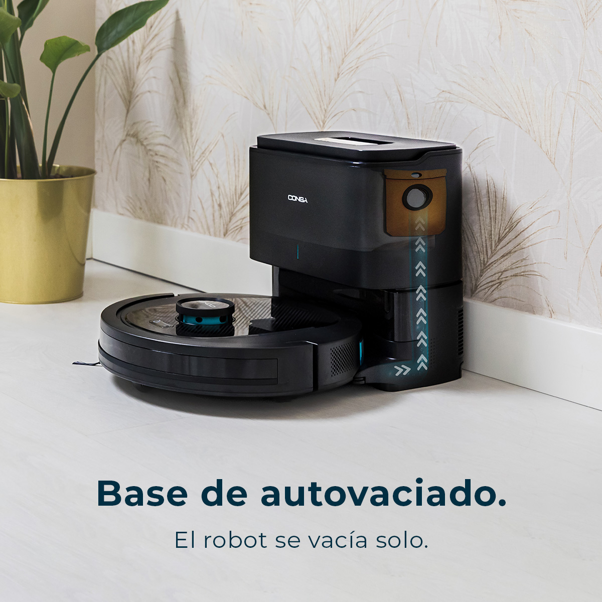 Czarny odkurzacz automatyczny jest zadokowany do czarnej stacji bazowej. W tle roślina i wzorzysta tapeta.